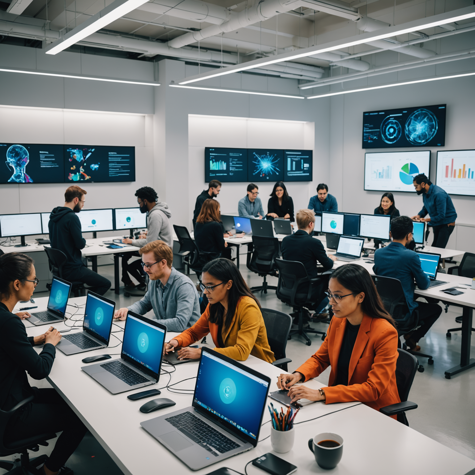 A vibrant AI research lab with diverse researchers collaborating
