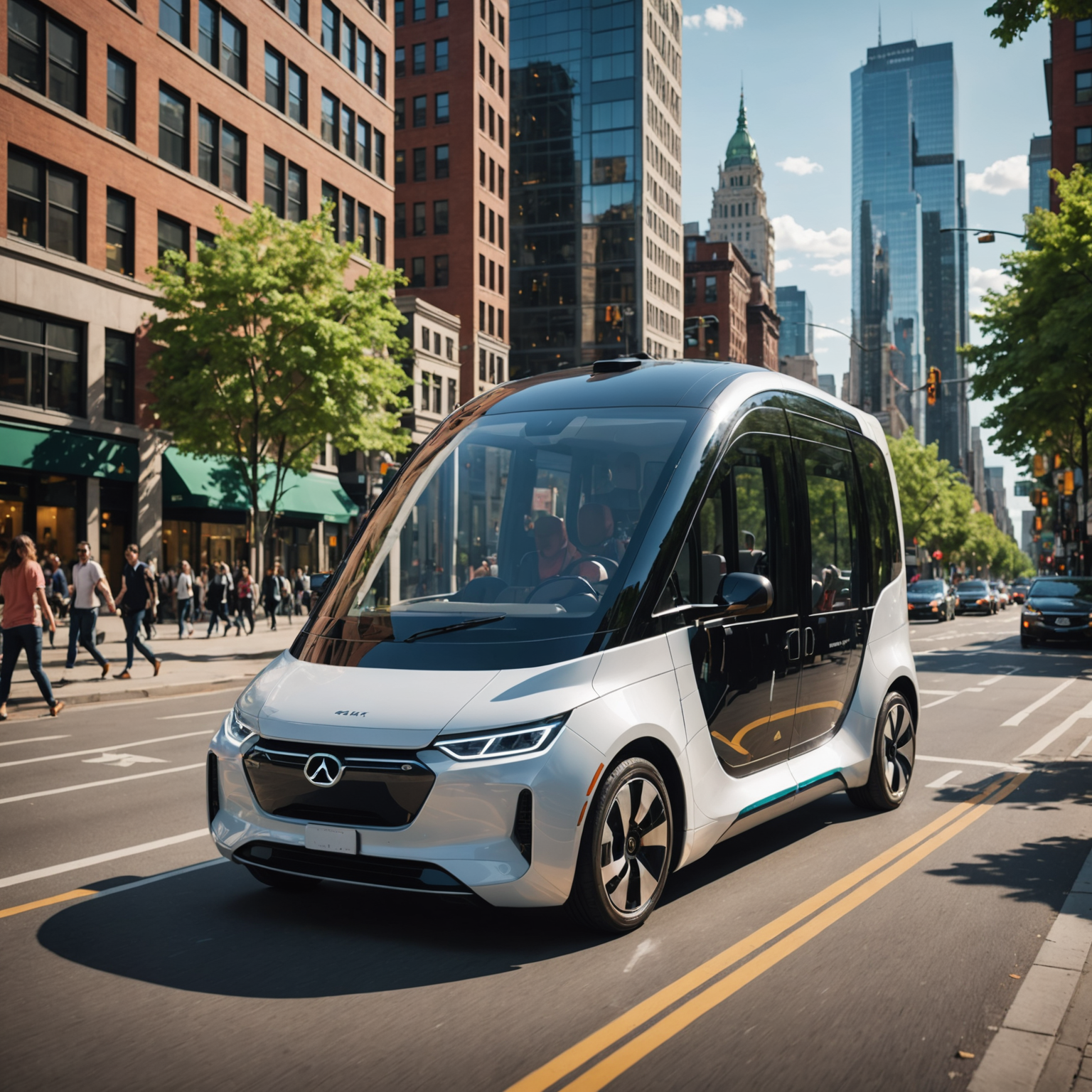 An autonomous vehicle navigating a busy urban street