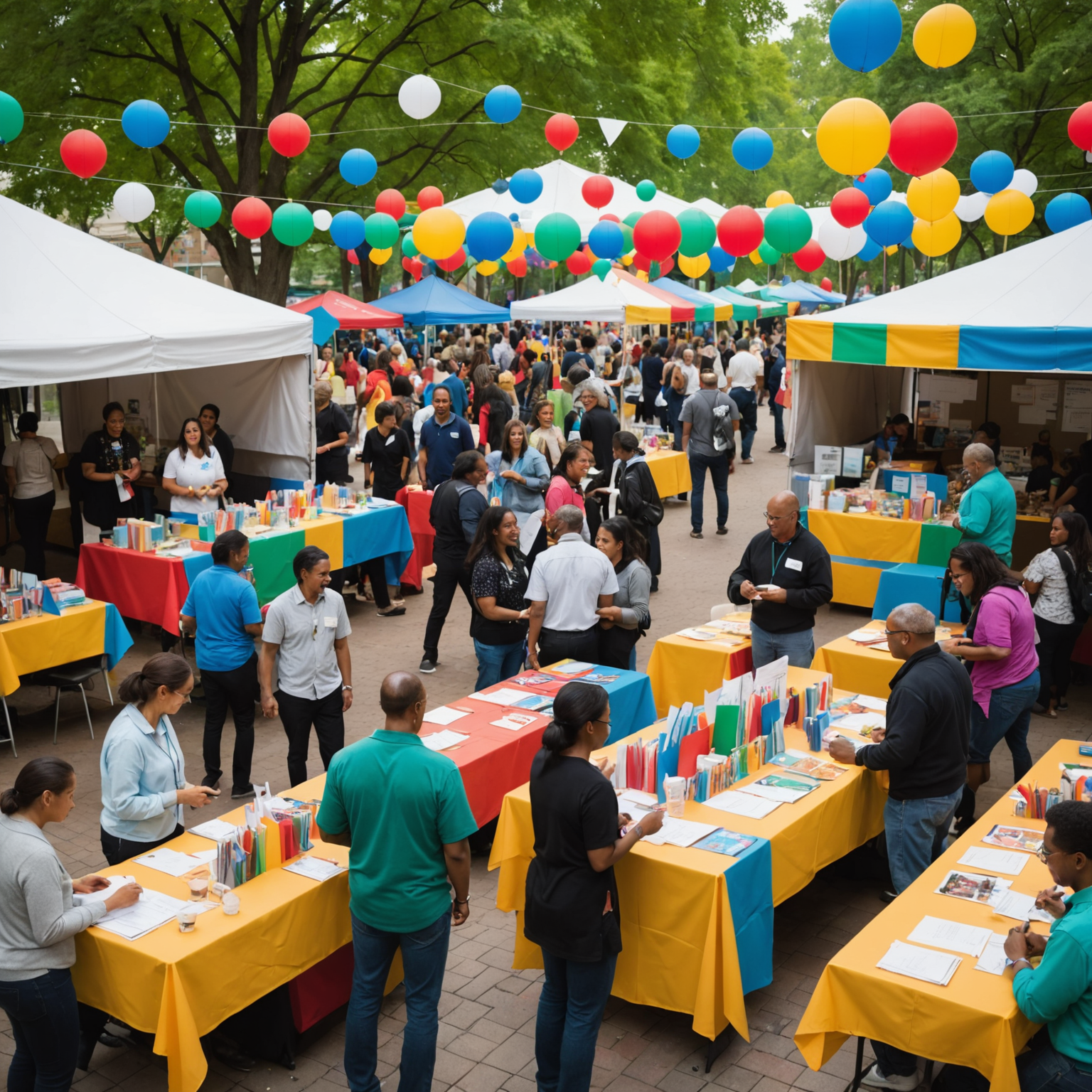 A lively local community event with booths, people interacting, and a visible brand presence.